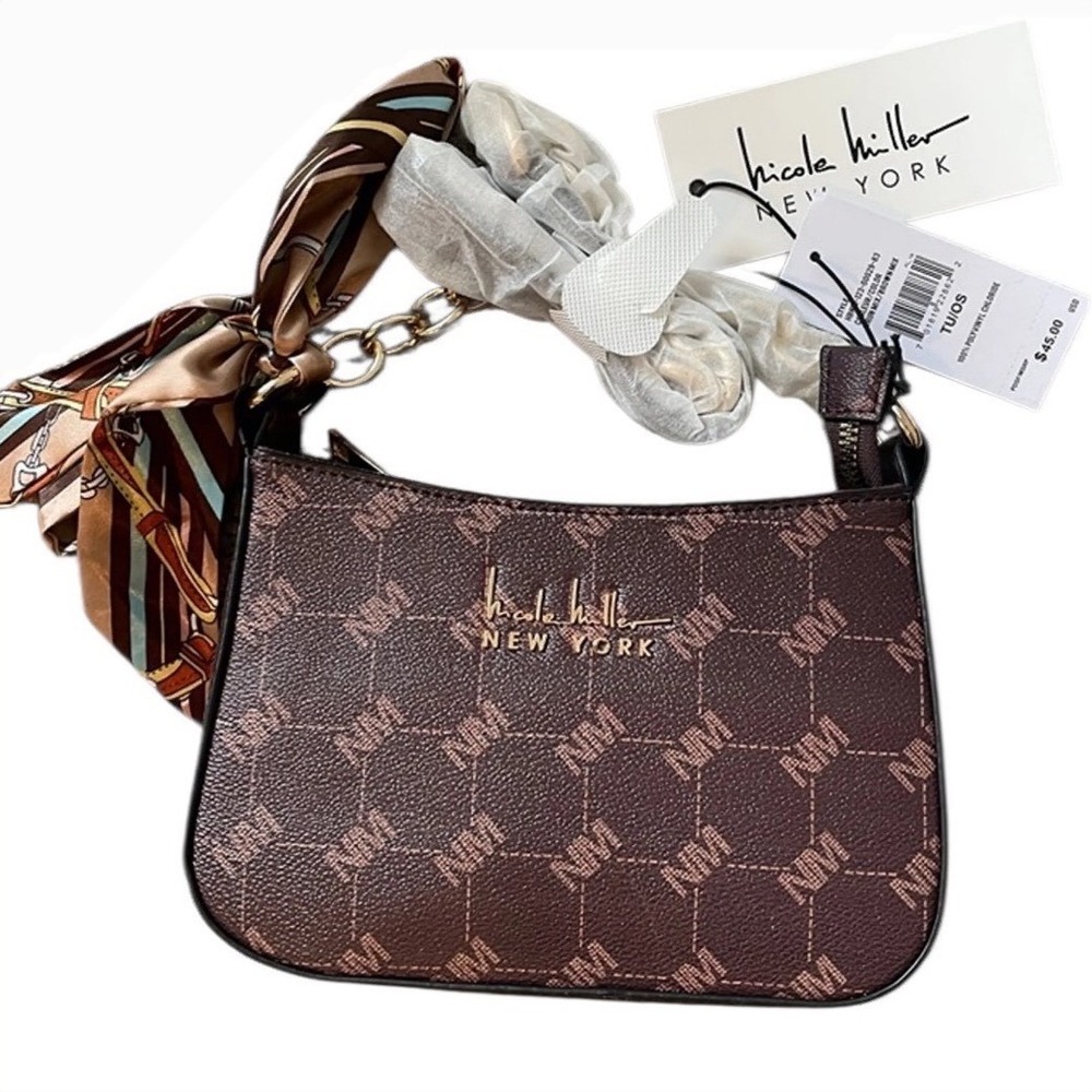 Nicole Miller New York Brown Monogram Crossbody Bag with Scarf Accent